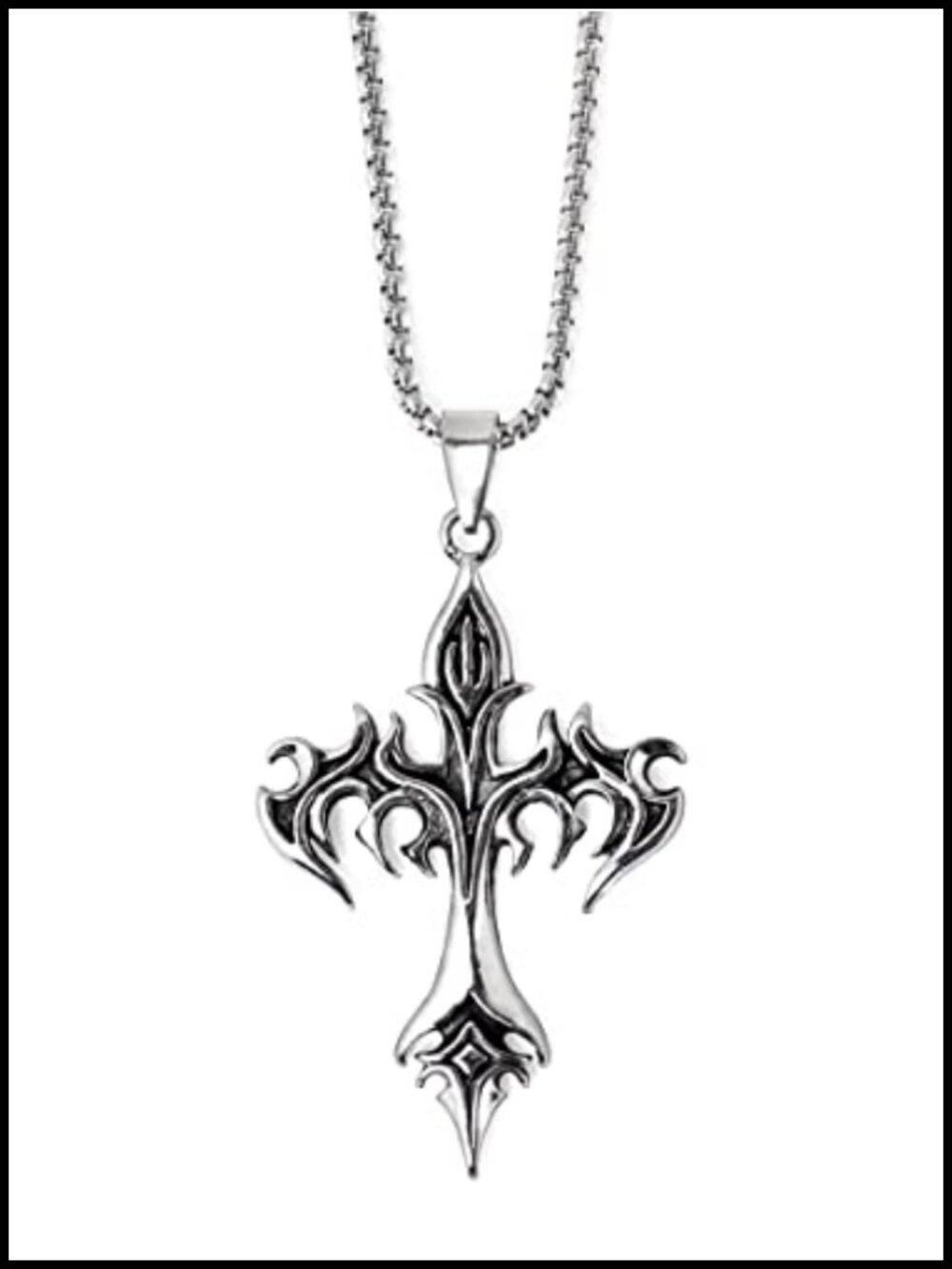 Gothic Stainless Steel Flame Cross Pendant Necklace 22.8 Inch